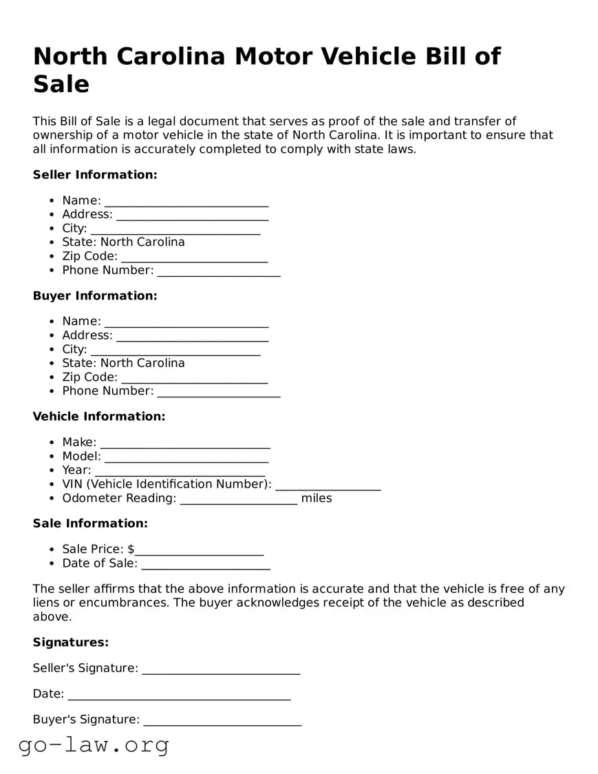 Fillable North Carolina Motor Vehicle Bill of Sale Form