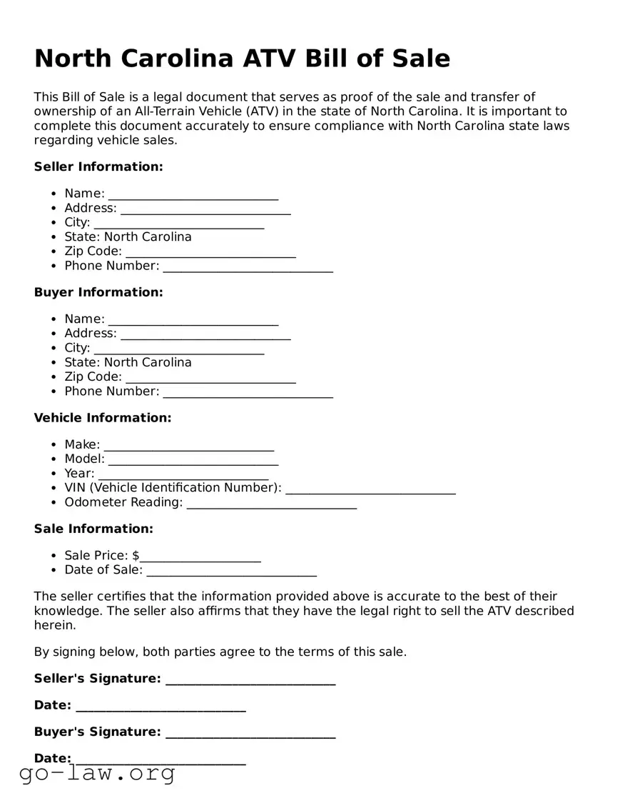 Fillable North Carolina ATV Bill of Sale Form