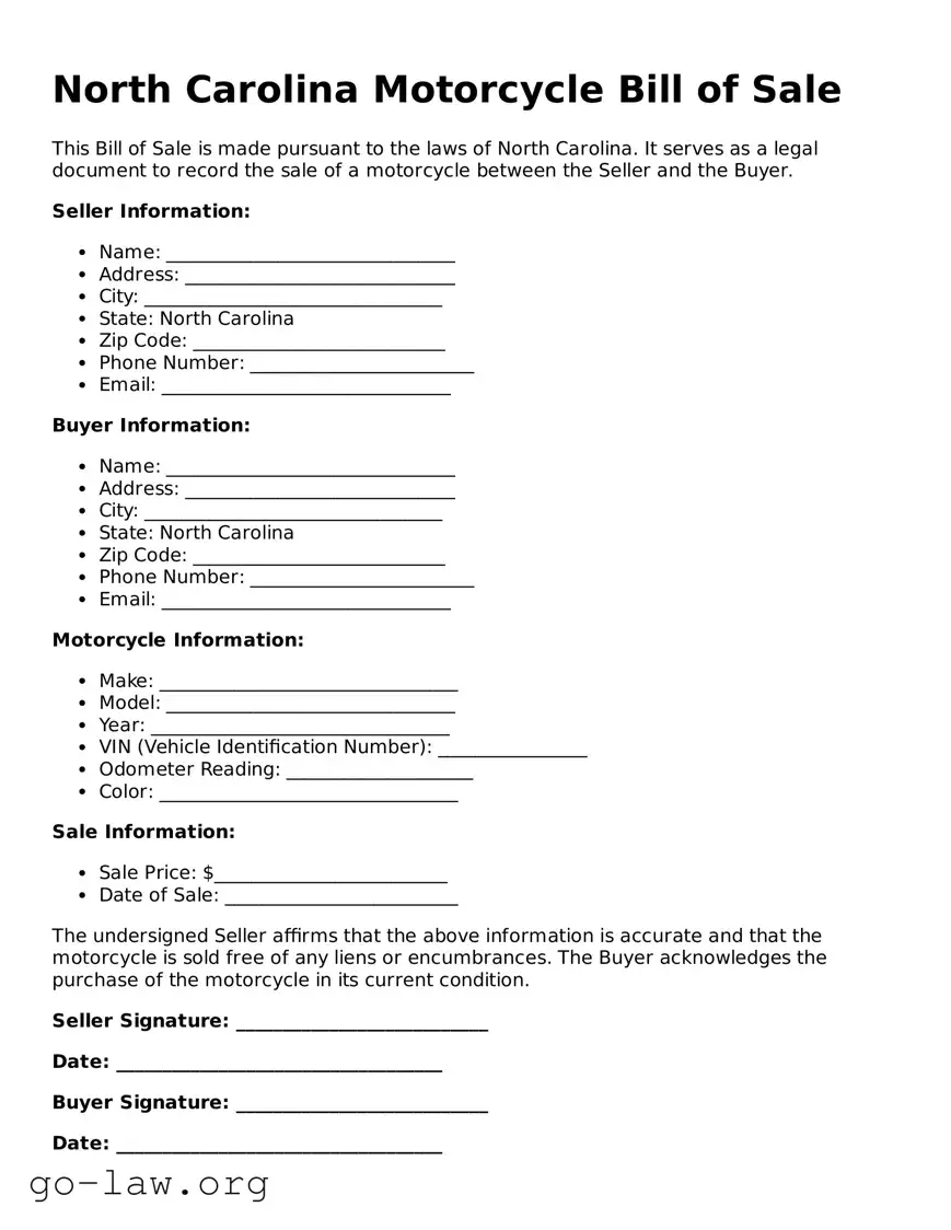 Fillable North Carolina Motorcycle Bill of Sale Form