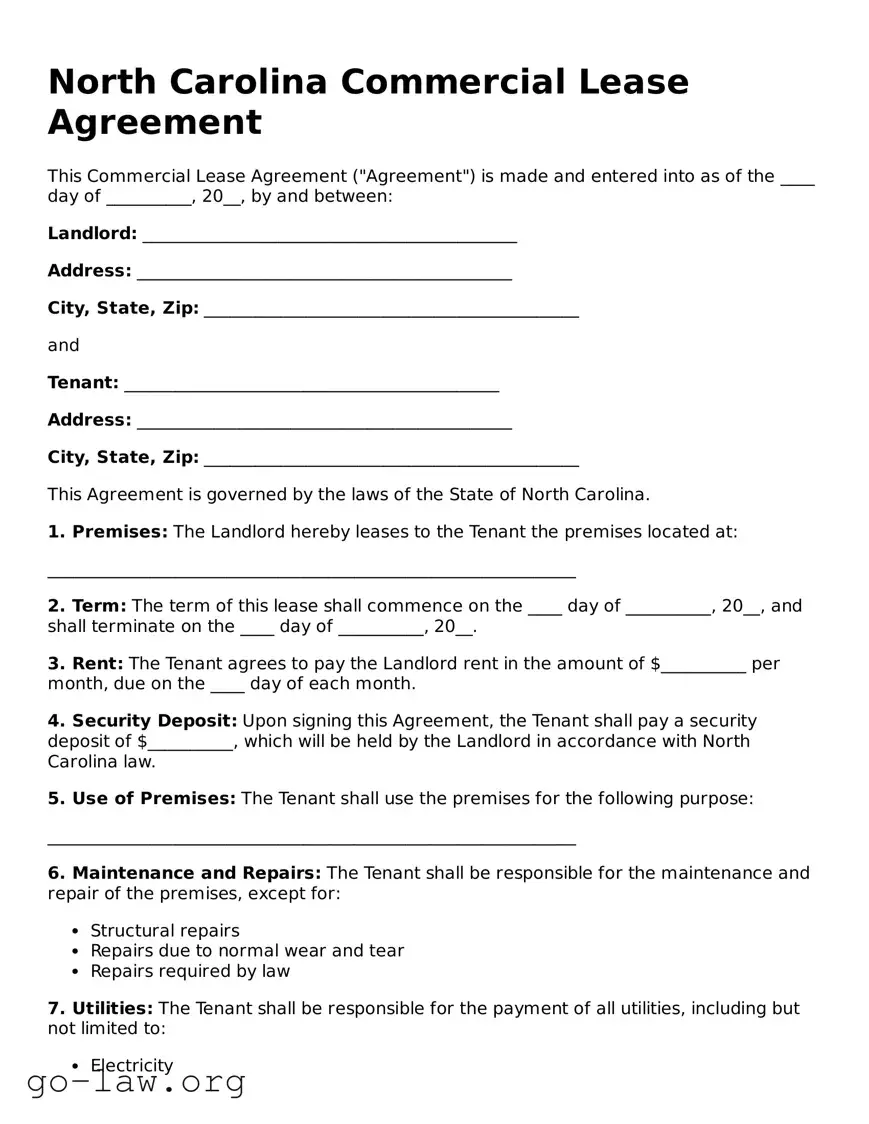 Fillable North Carolina Commercial Lease Agreement Form