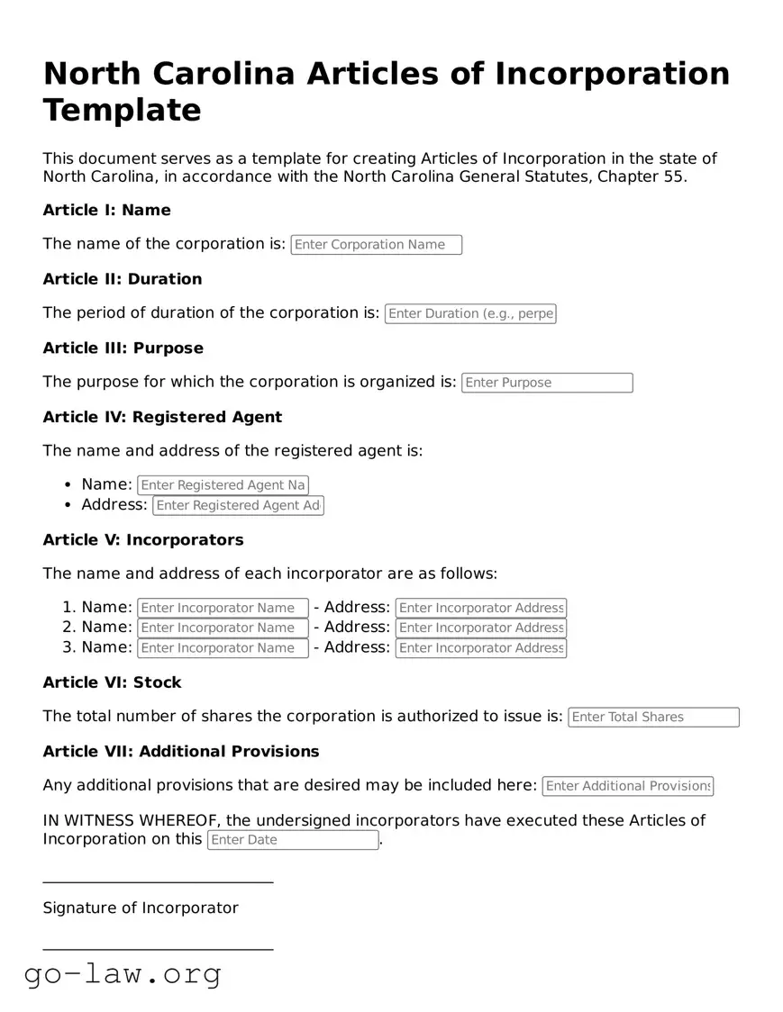 Fillable North Carolina Articles of Incorporation Form