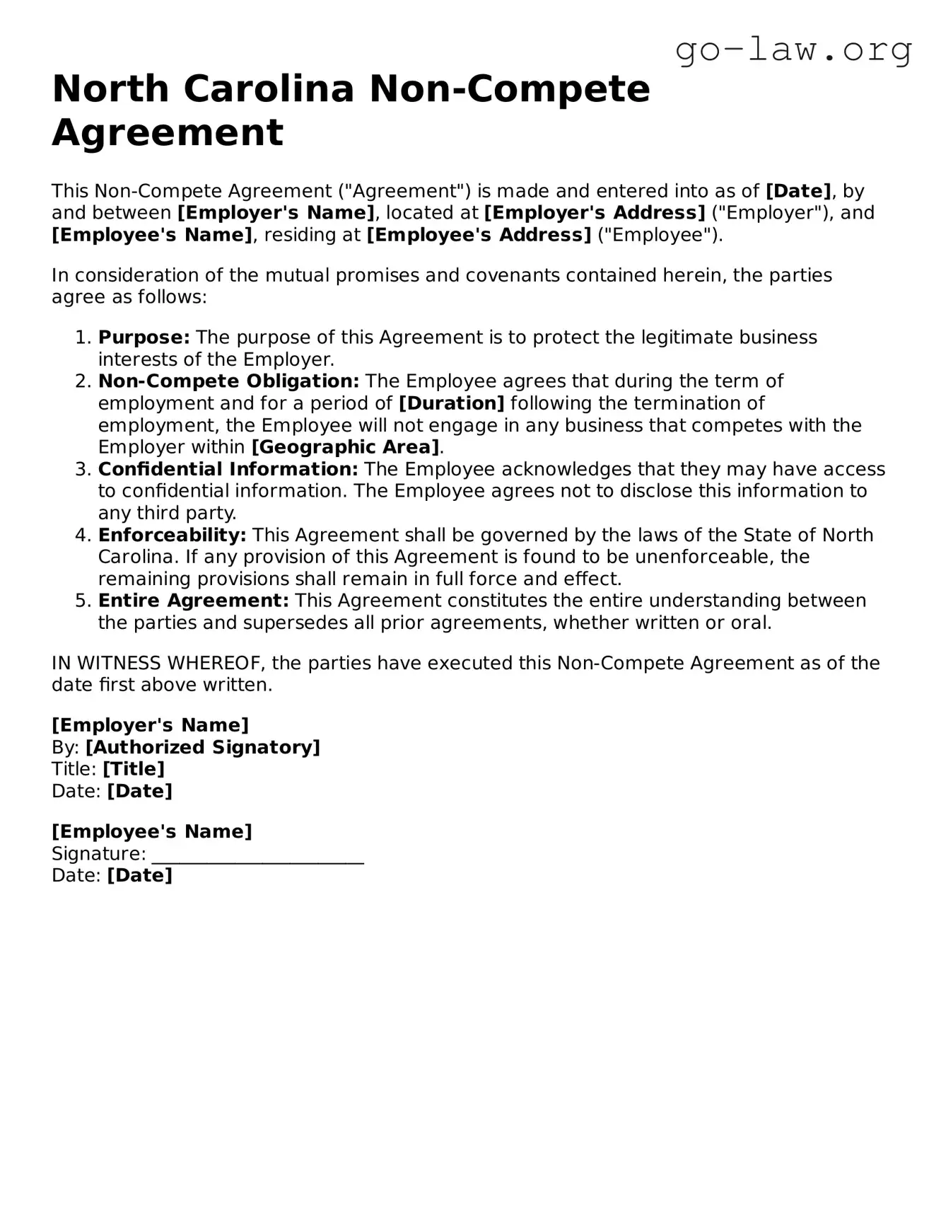 Fillable North Carolina Non-compete Agreement Form
