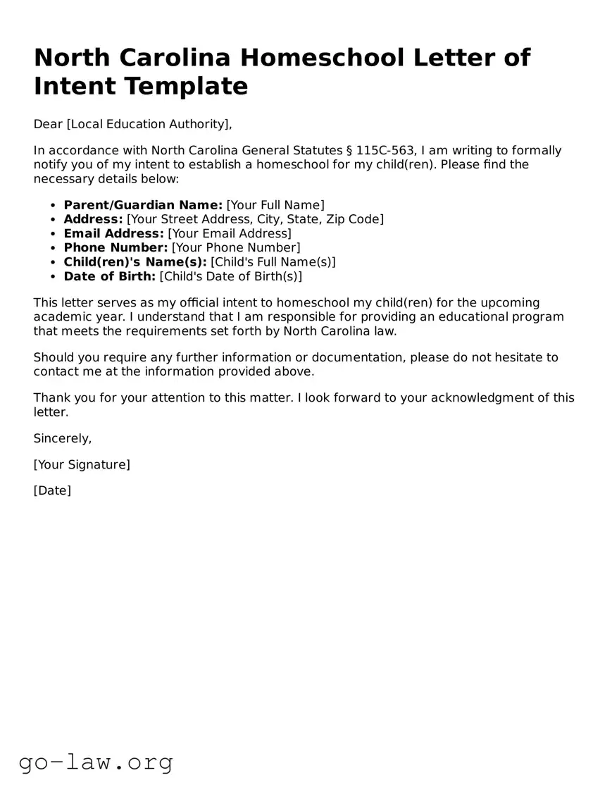 Fillable North Carolina Homeschool Letter of Intent Form