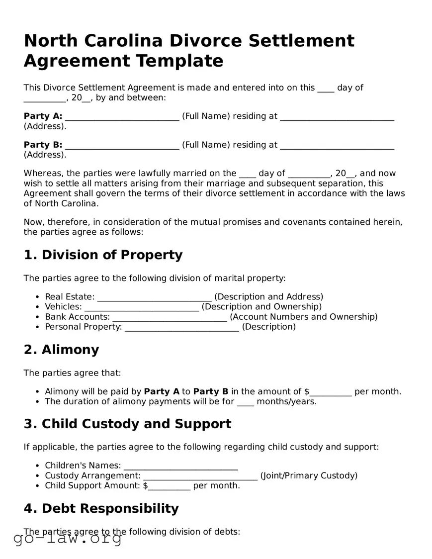 Fillable North Carolina Divorce Settlement Agreement Form