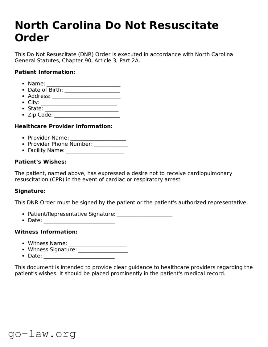 Fillable North Carolina Do Not Resuscitate Order Form