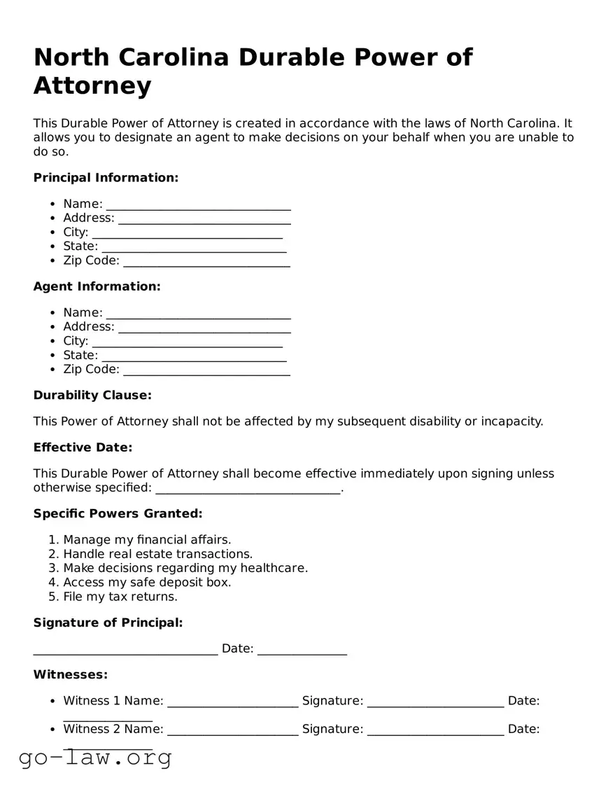 Fillable North Carolina Durable Power of Attorney Form
