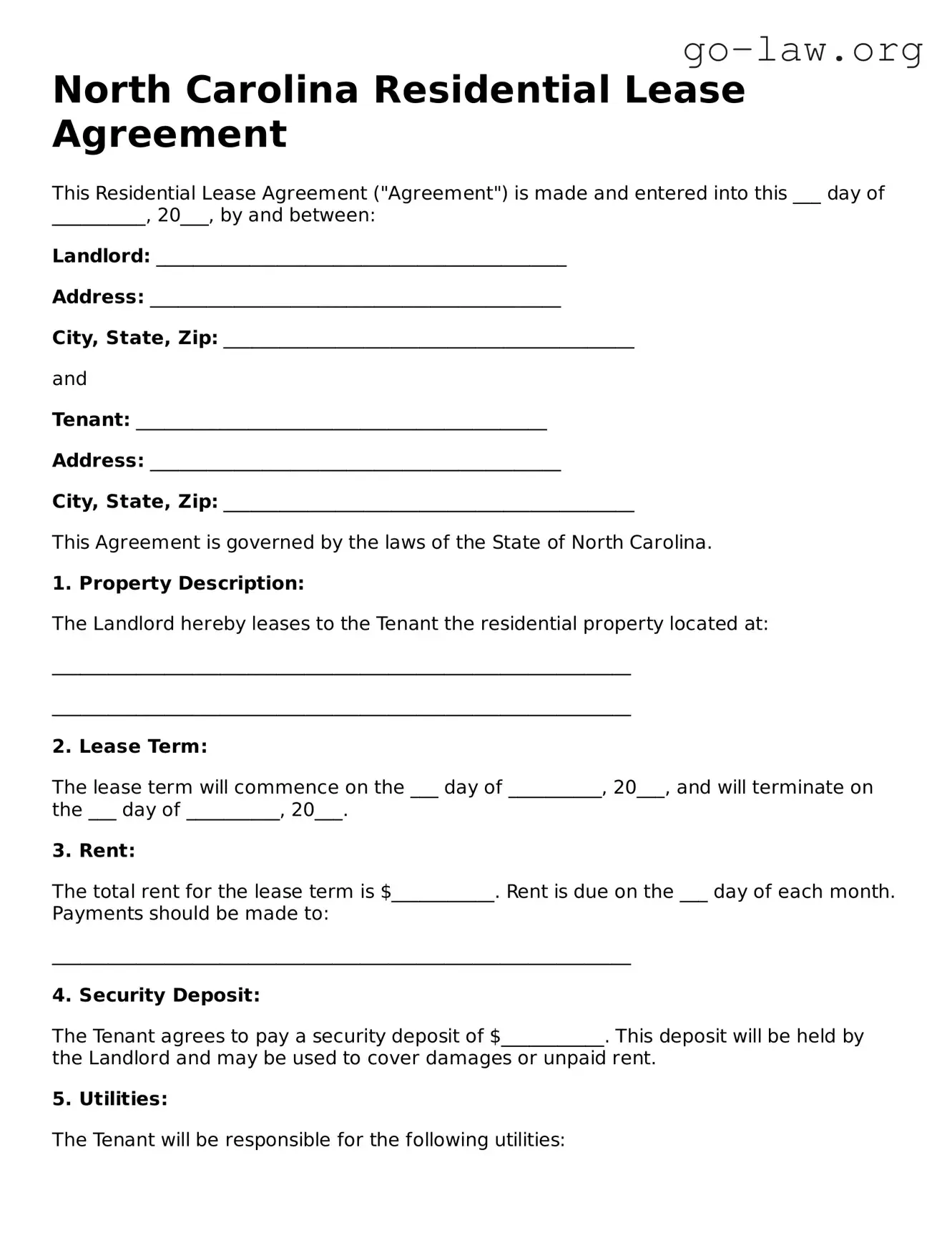 Fillable North Carolina Residential Lease Agreement Form