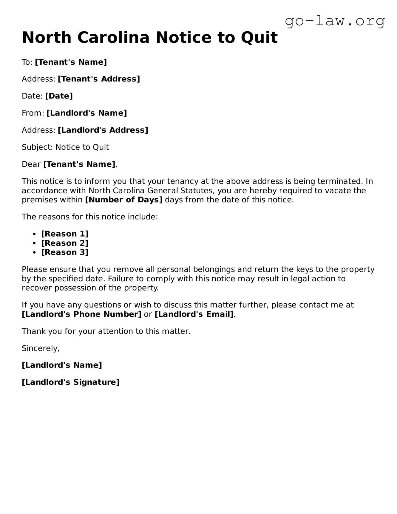 Fillable North Carolina Notice to Quit Form