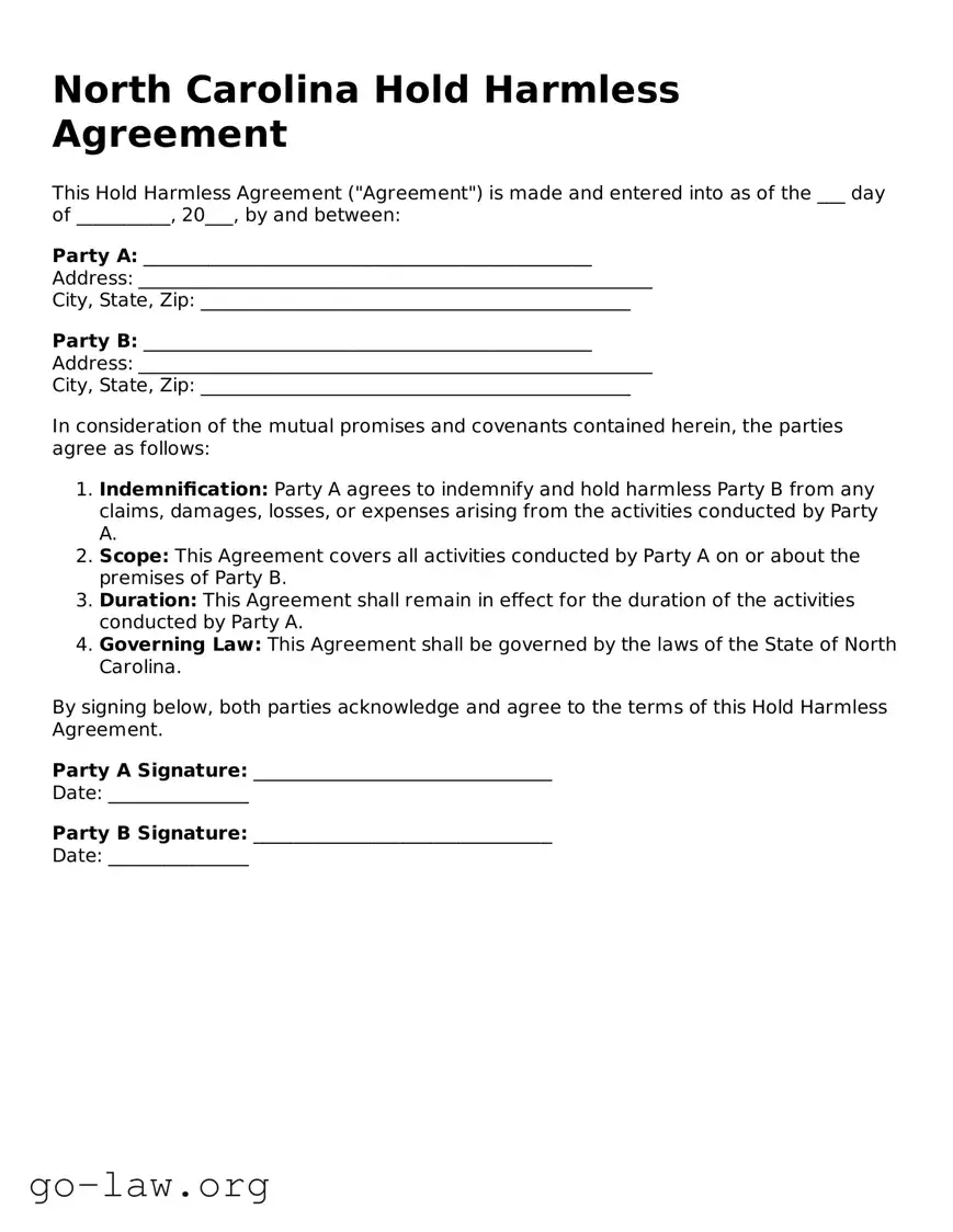 Fillable North Carolina Hold Harmless Agreement Form