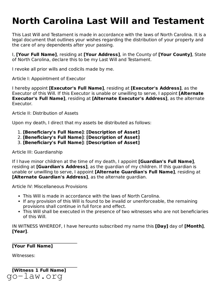 Fillable North Carolina Last Will and Testament Form