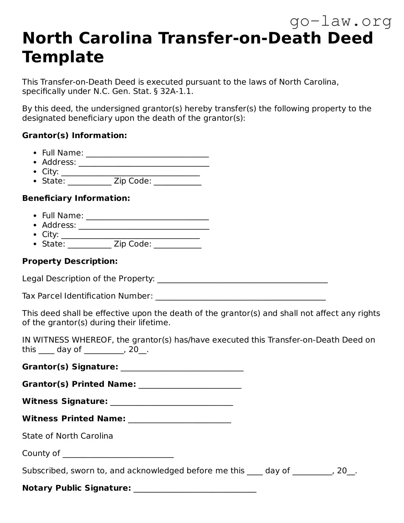 Fillable North Carolina Transfer-on-Death Deed Form