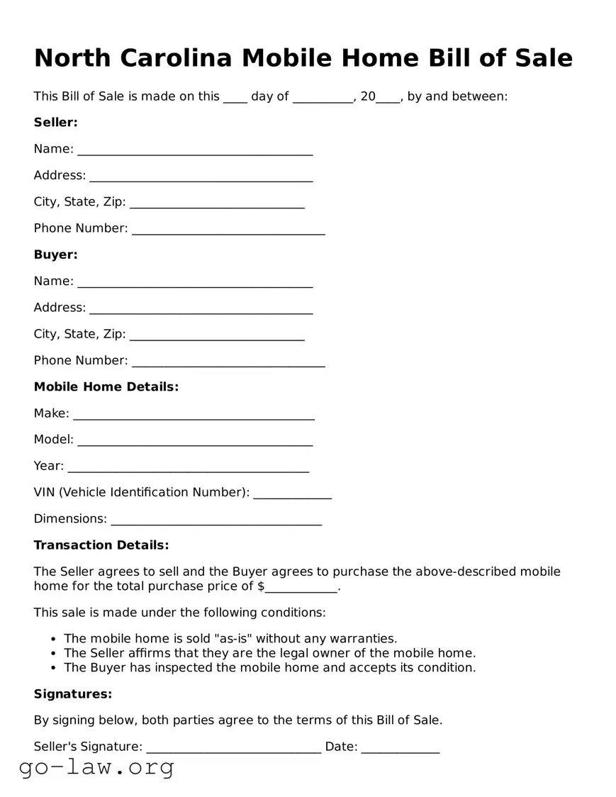 Fillable North Carolina Mobile Home Bill of Sale Form