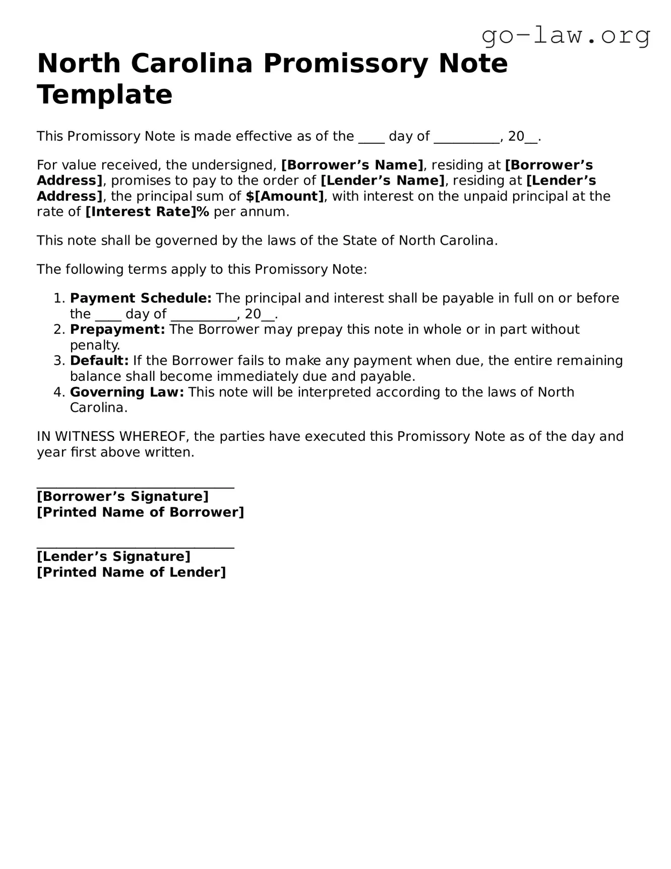 Fillable North Carolina Promissory Note Form