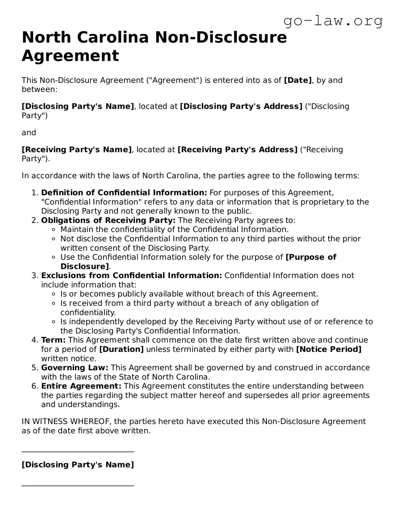 Fillable North Carolina Non-disclosure Agreement Form
