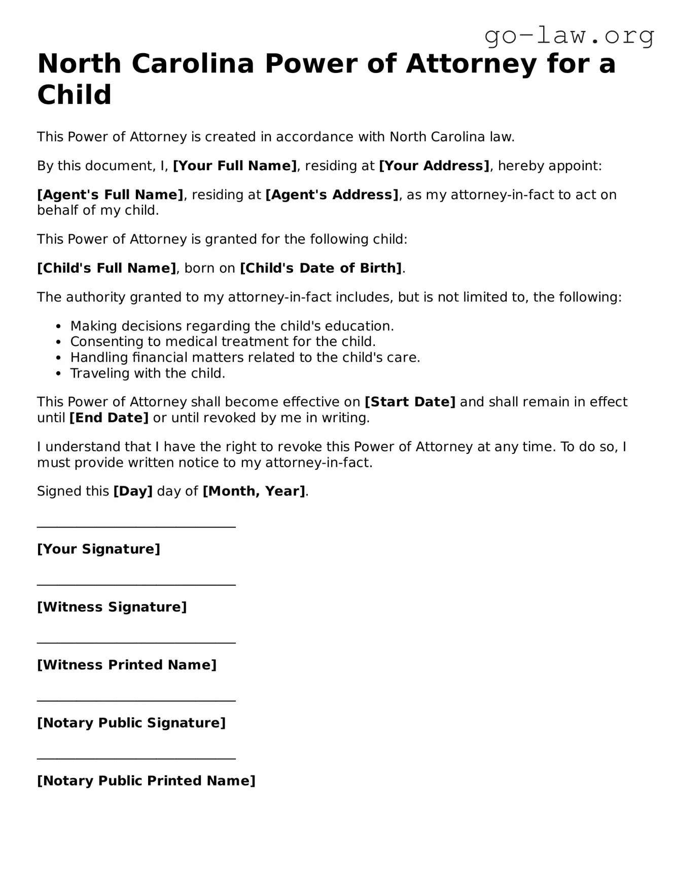 Fillable North Carolina Power of Attorney for a Child Form