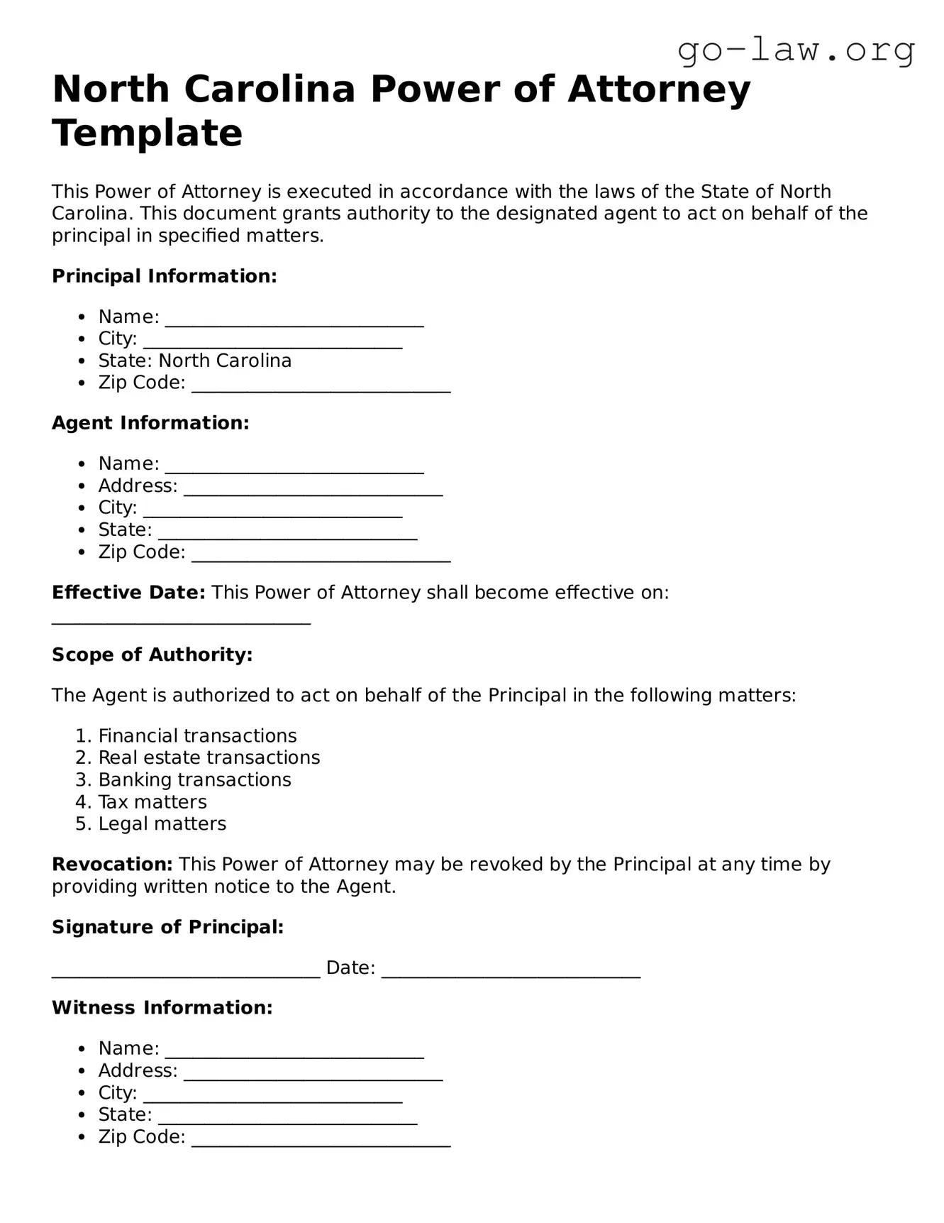 Fillable North Carolina Power of Attorney Form