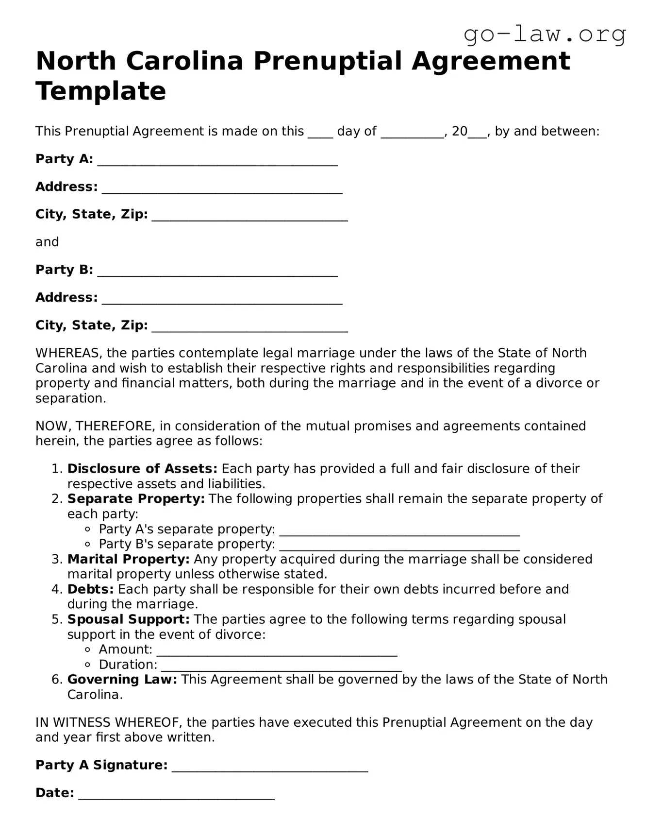 Fillable North Carolina Prenuptial Agreement Form