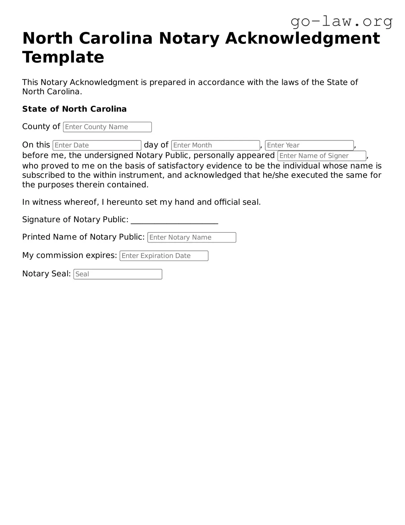 Fillable North Carolina Notary Acknowledgement Form