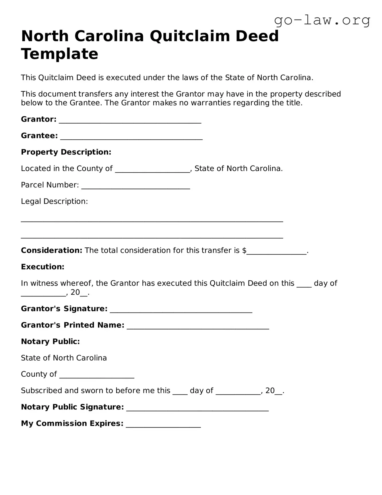 Fillable North Carolina Quitclaim Deed Form