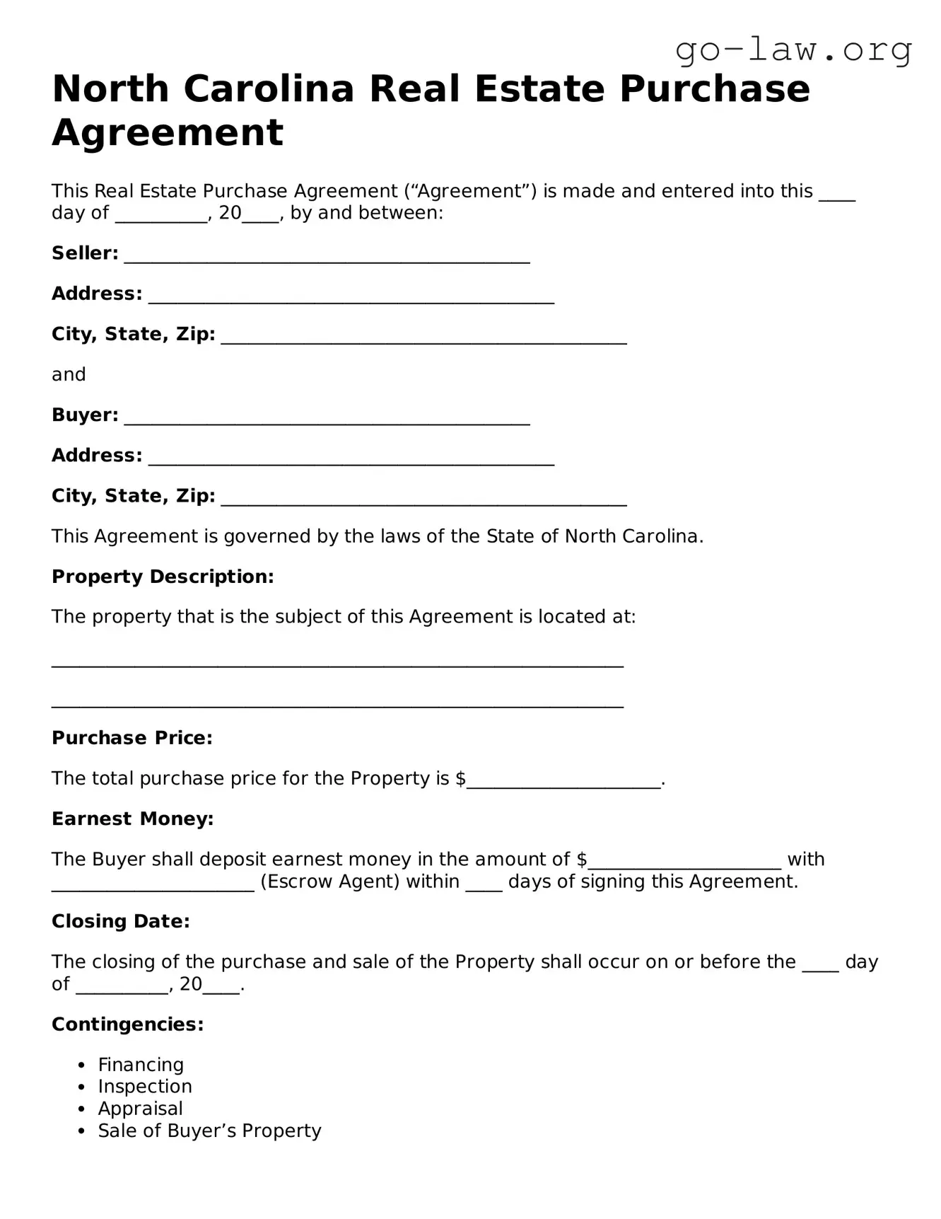 Fillable North Carolina Real Estate Purchase Agreement Form