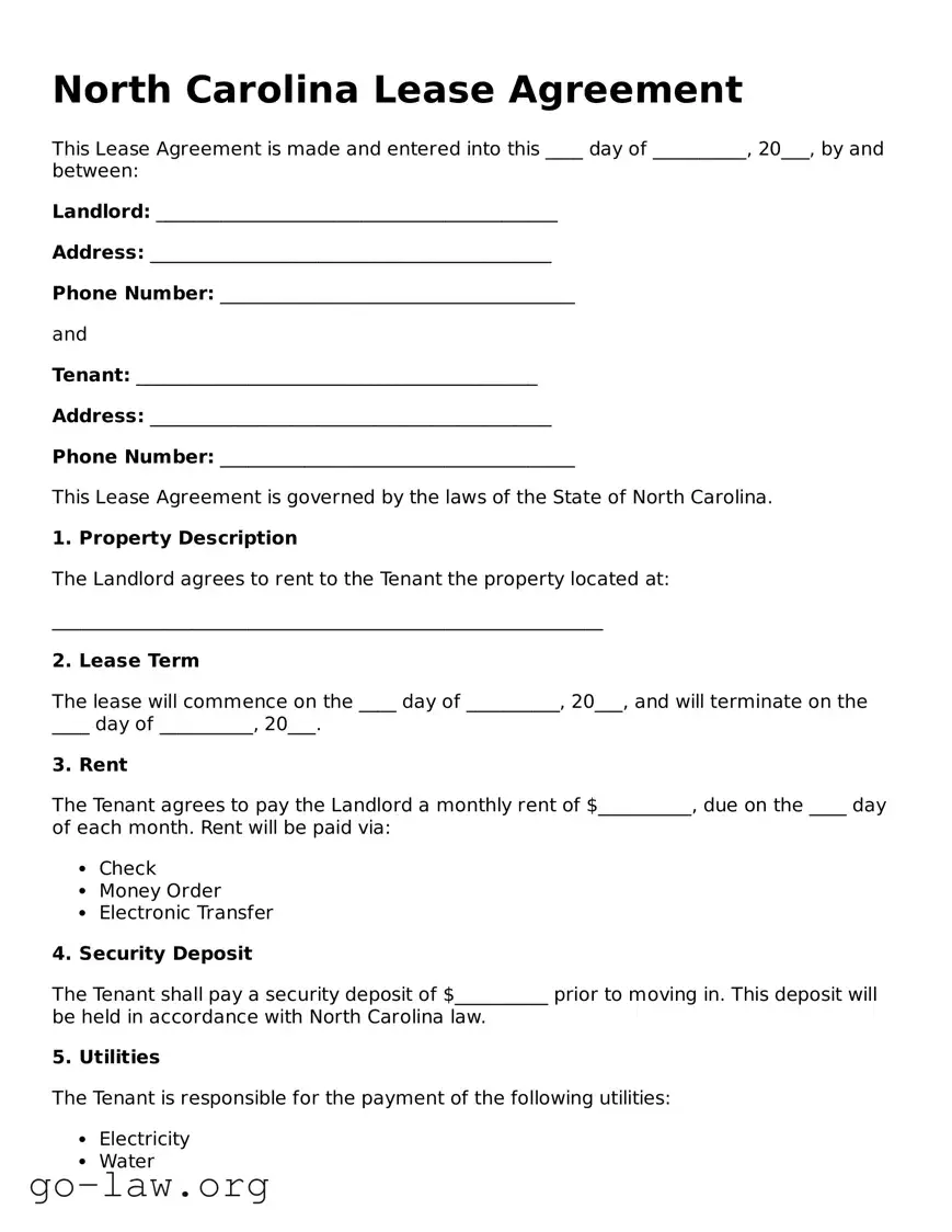 Fillable North Carolina Lease Agreement Form