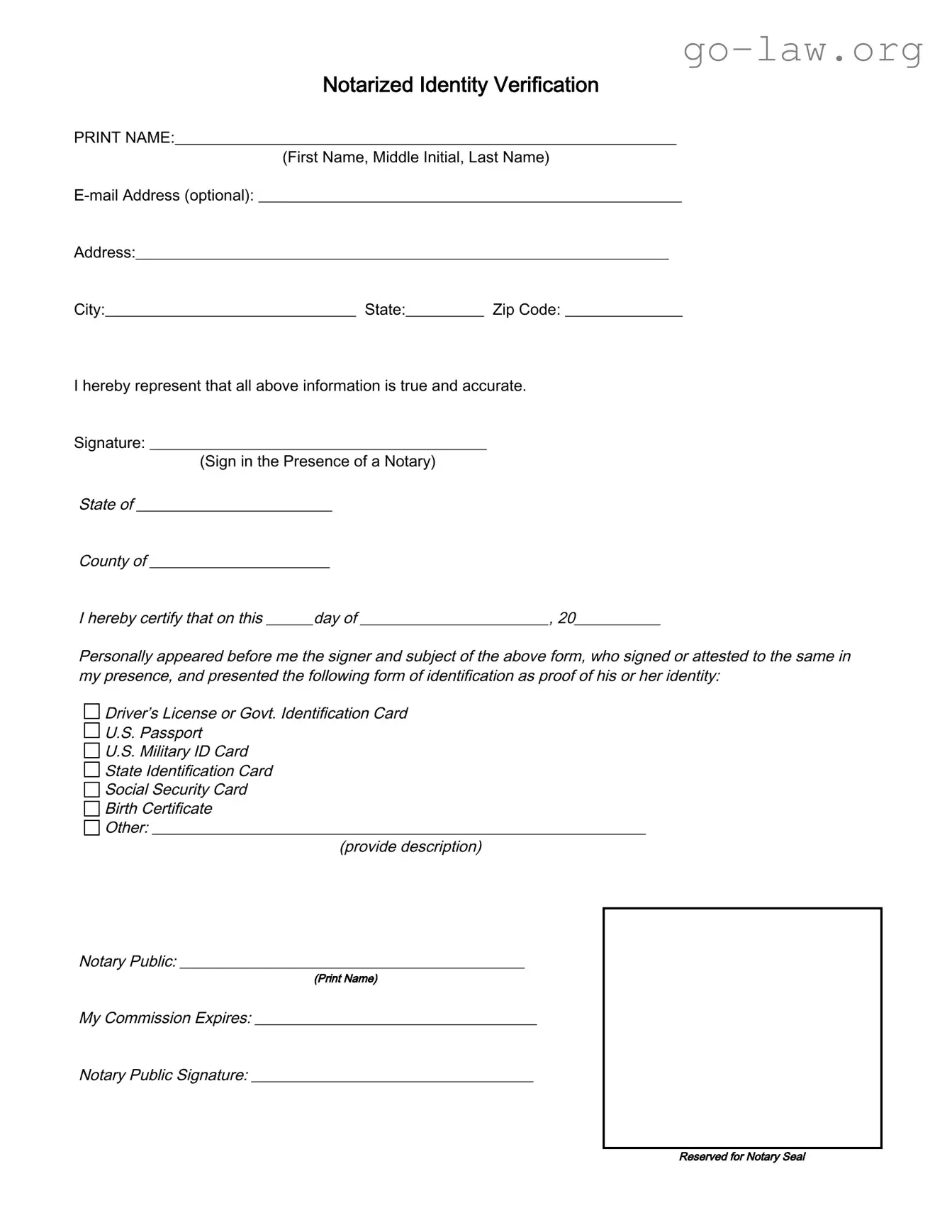 Download Notarized Identity Verification Form in PDF