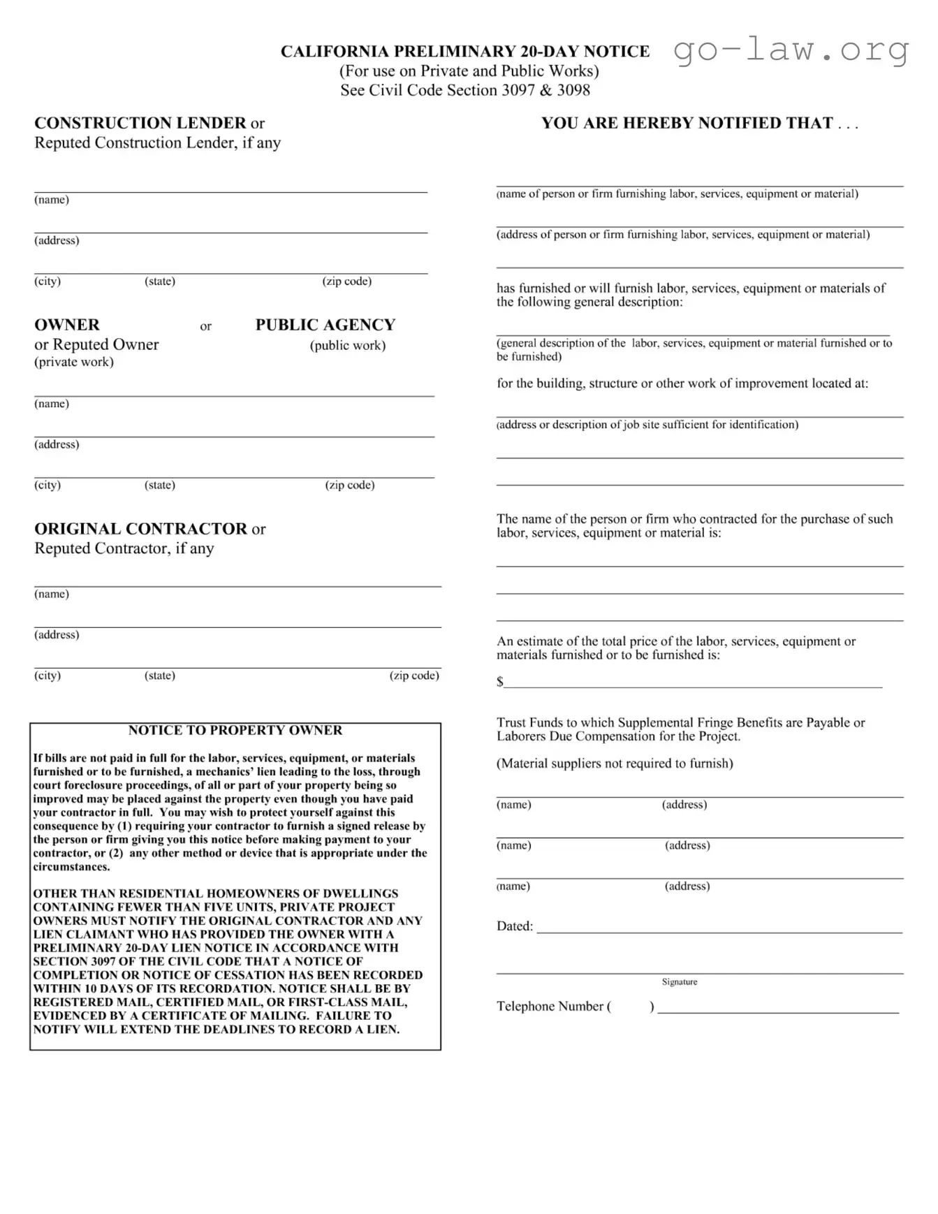 Download California Preliminary 20 Day Notice Form in PDF