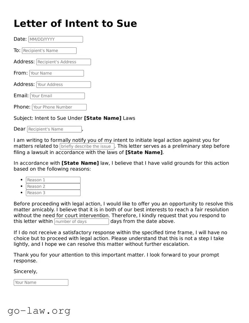 Blank Letter of Intent to Sue Template