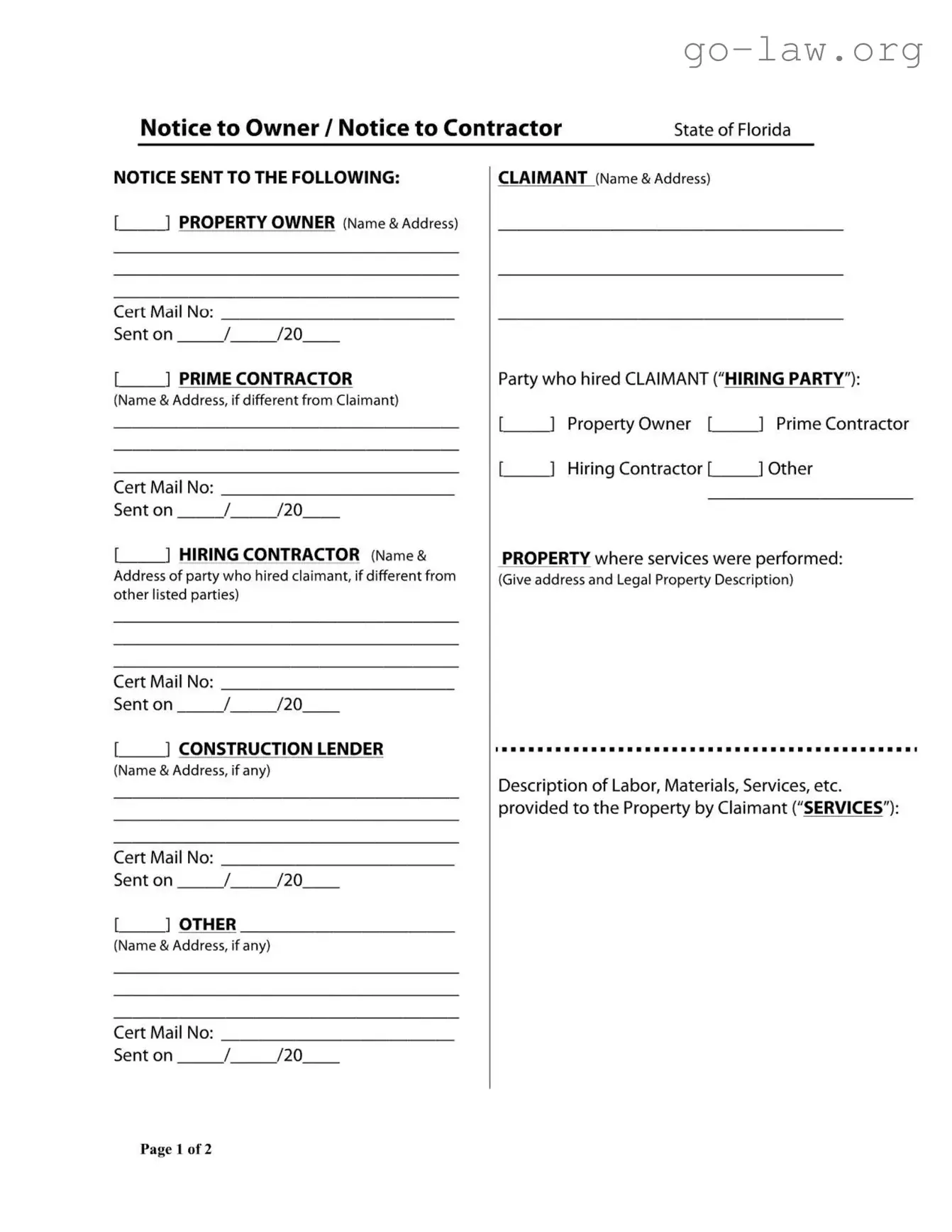 Download Notice Owner Florida Form in PDF