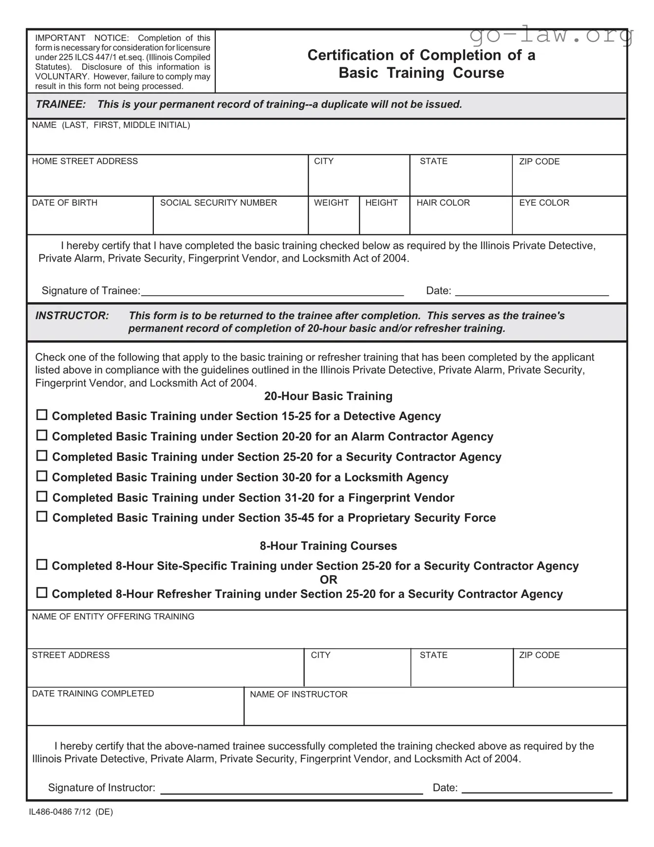 Download Certification Of Completion Basic Training Course Form in PDF