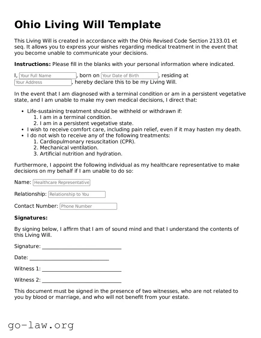 Fillable Ohio Living Will Form