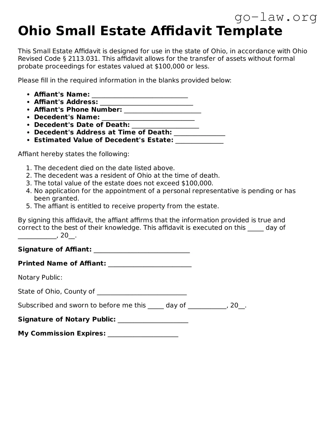 Fillable Ohio Small Estate Affidavit Form