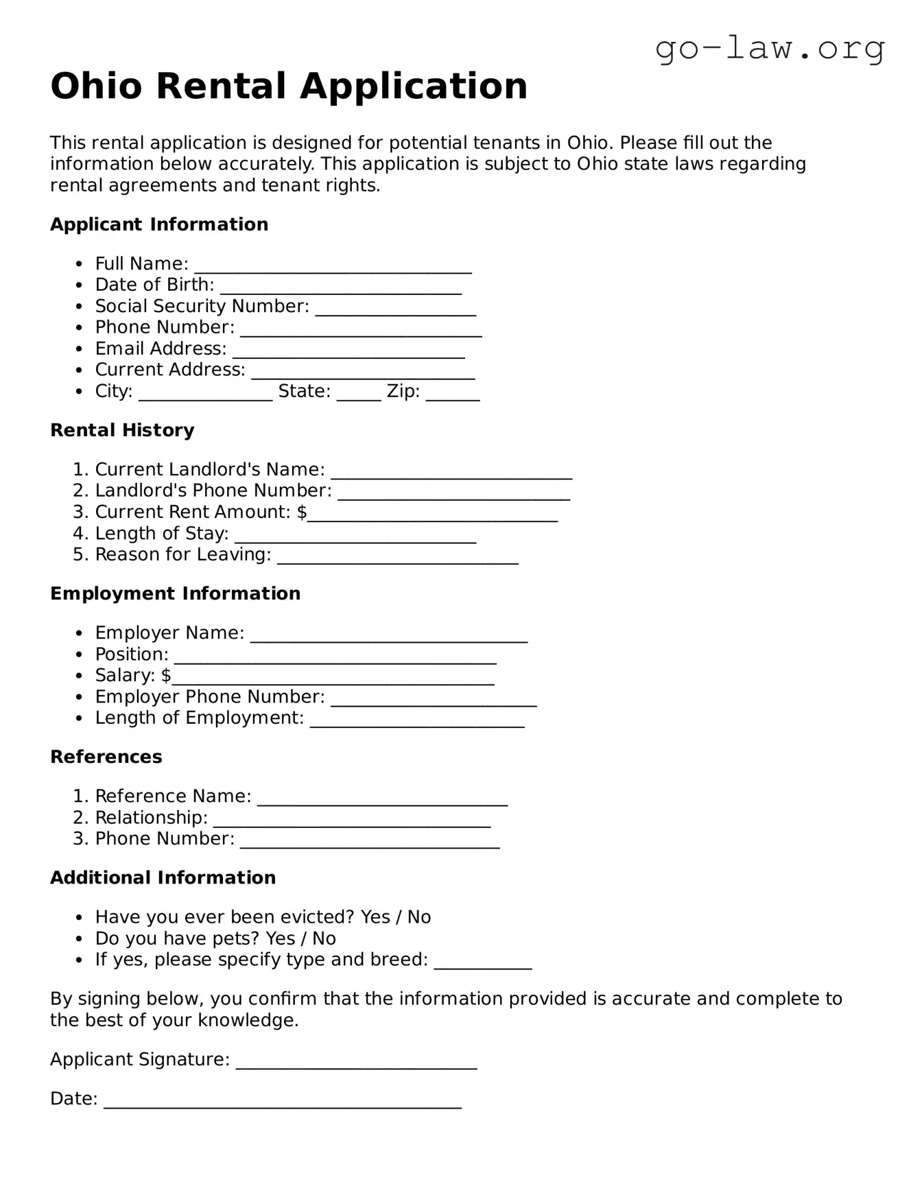 Fillable Ohio Rental Application Form
