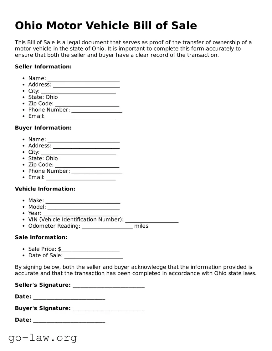Fillable Ohio Motor Vehicle Bill of Sale Form