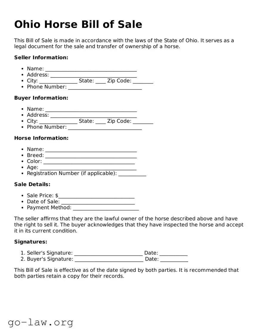 Fillable Ohio Horse Bill of Sale Form