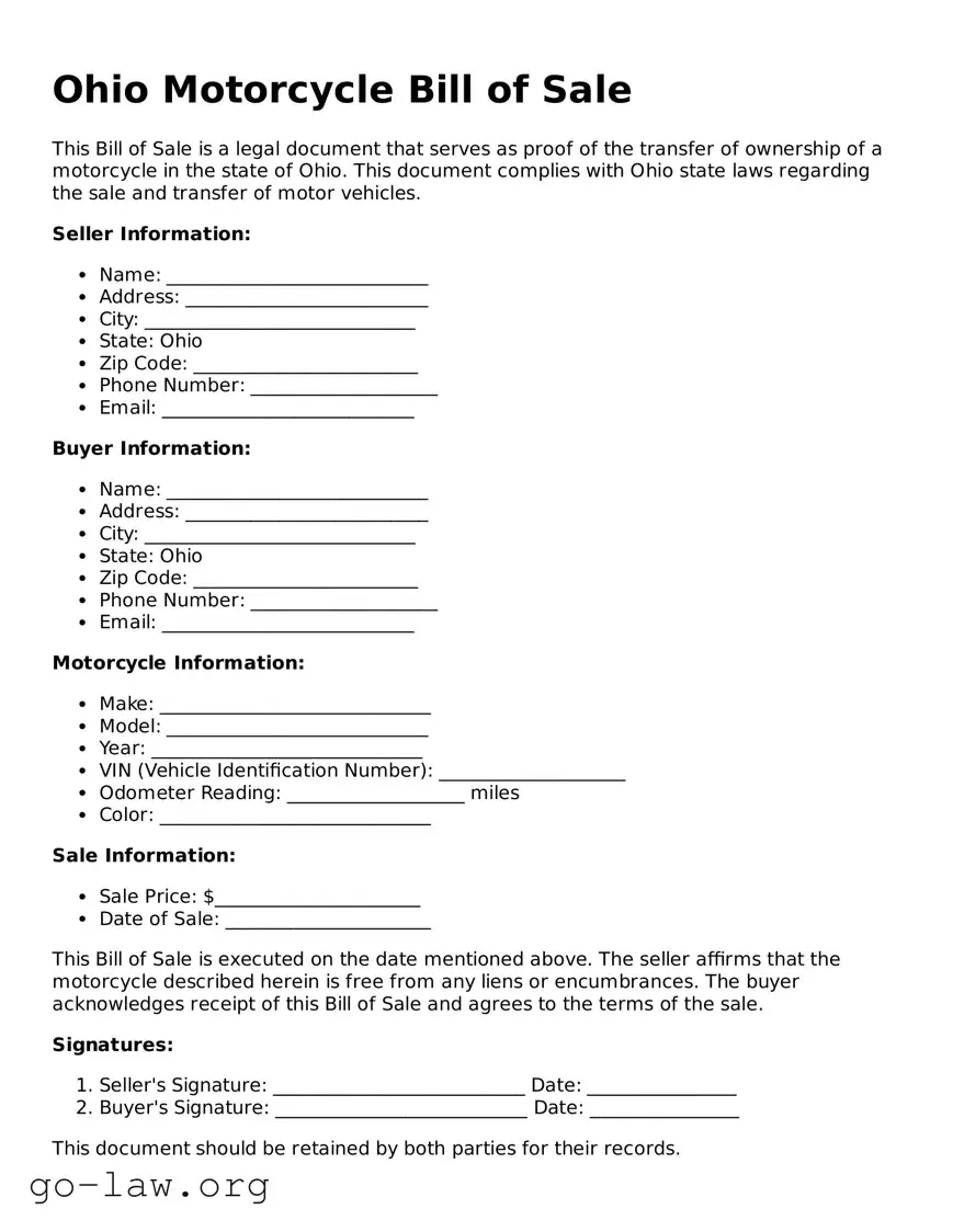 Fillable Ohio Motorcycle Bill of Sale Form