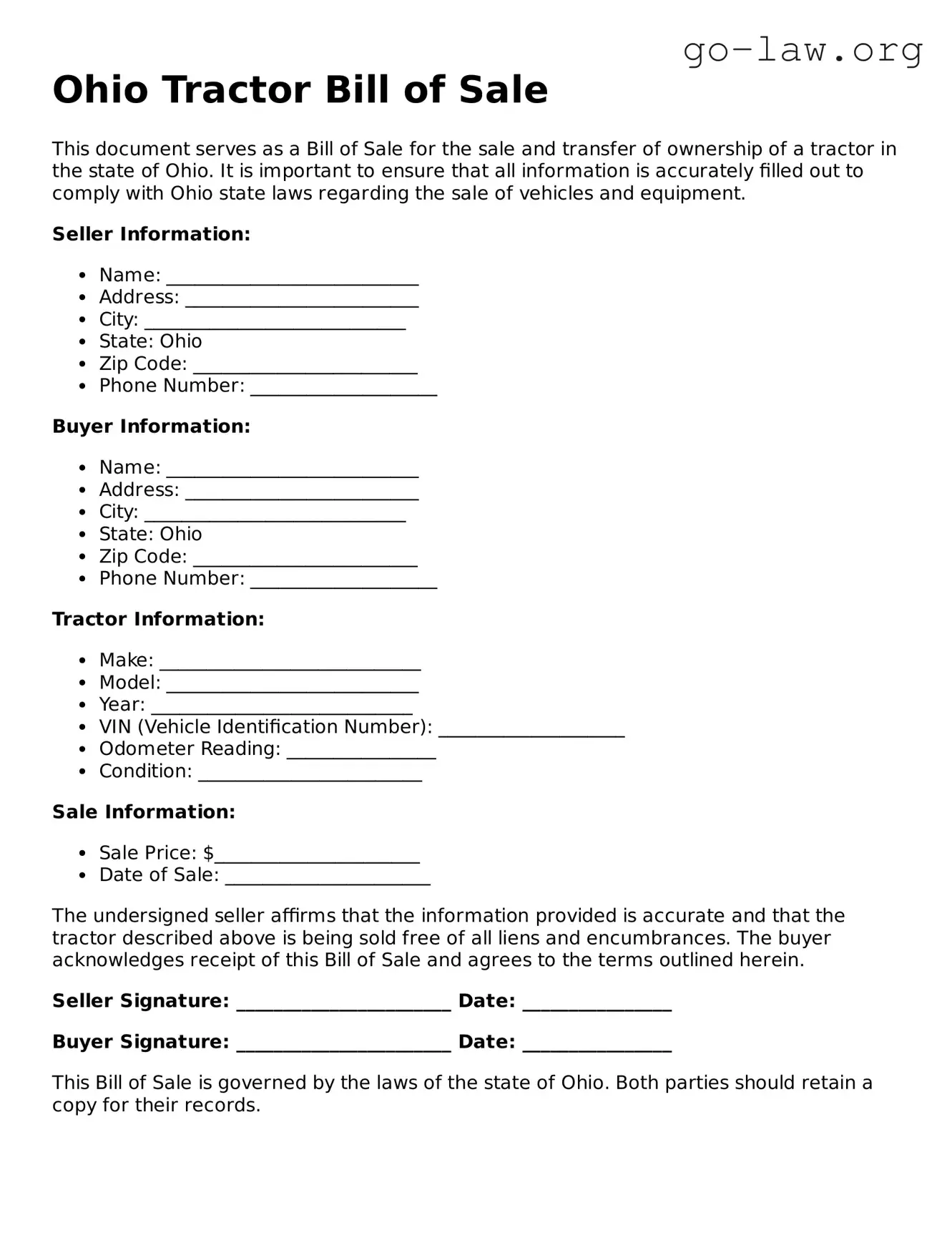 Fillable Ohio Tractor Bill of Sale Form