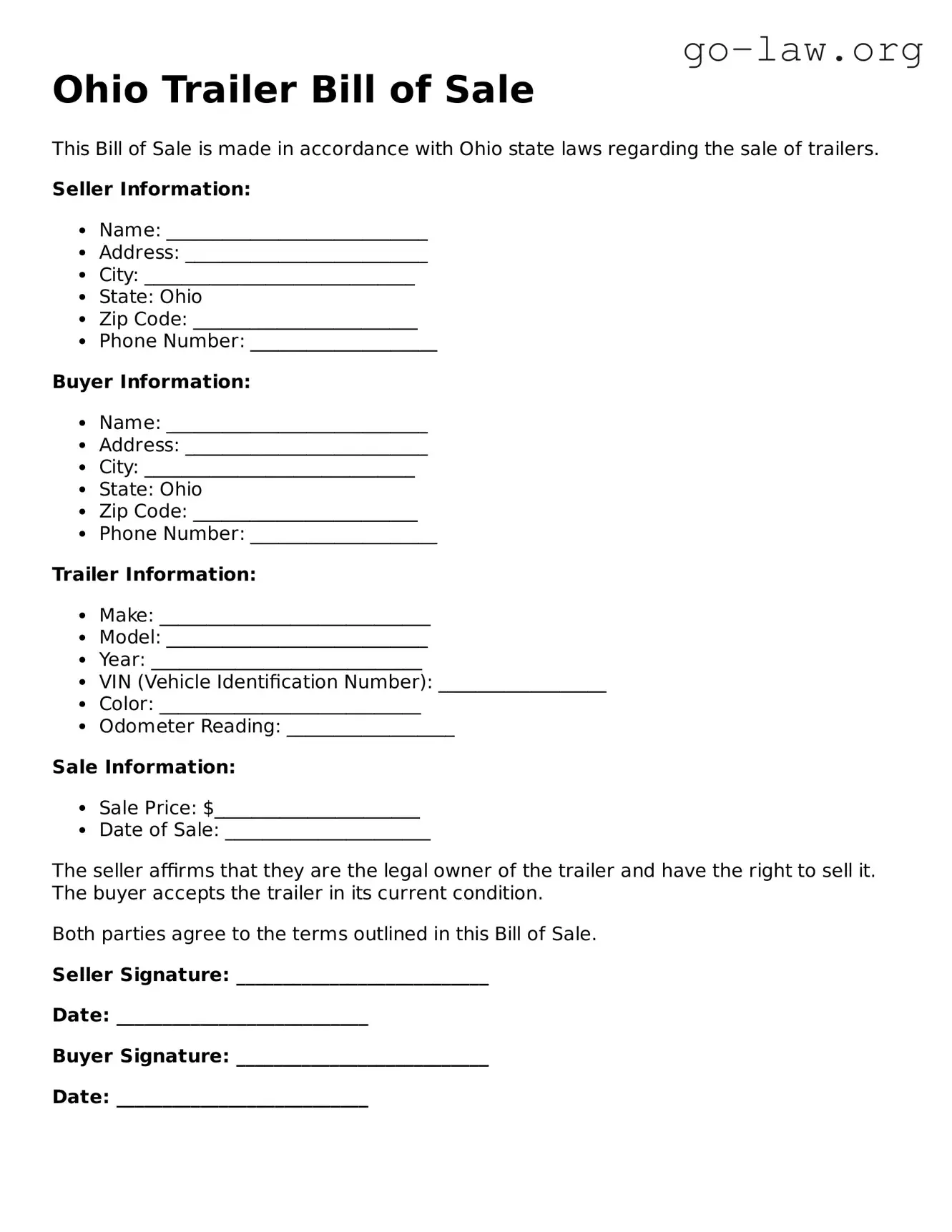 Fillable Ohio Trailer Bill of Sale Form