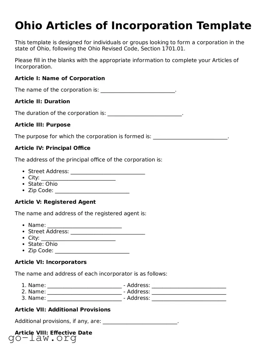 Fillable Ohio Articles of Incorporation Form