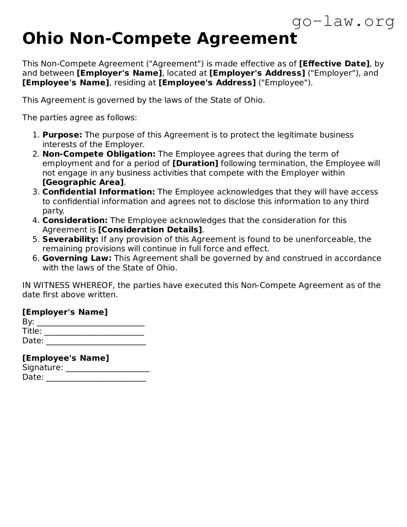 Fillable Ohio Non-compete Agreement Form