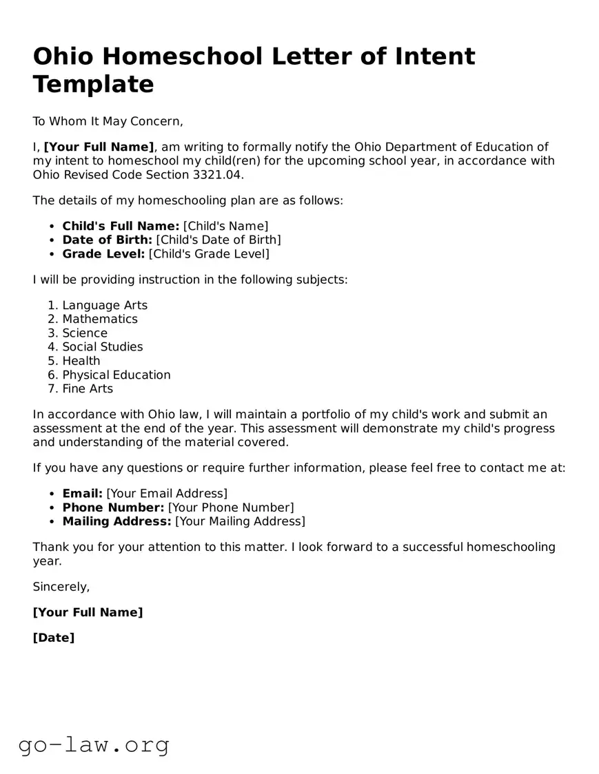 Fillable Ohio Homeschool Letter of Intent Form