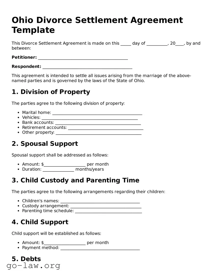 Fillable Ohio Divorce Settlement Agreement Form