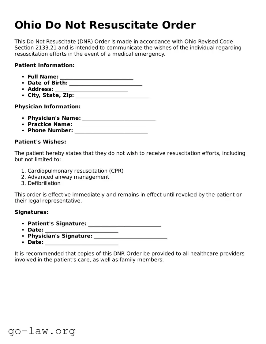 Fillable Ohio Do Not Resuscitate Order Form