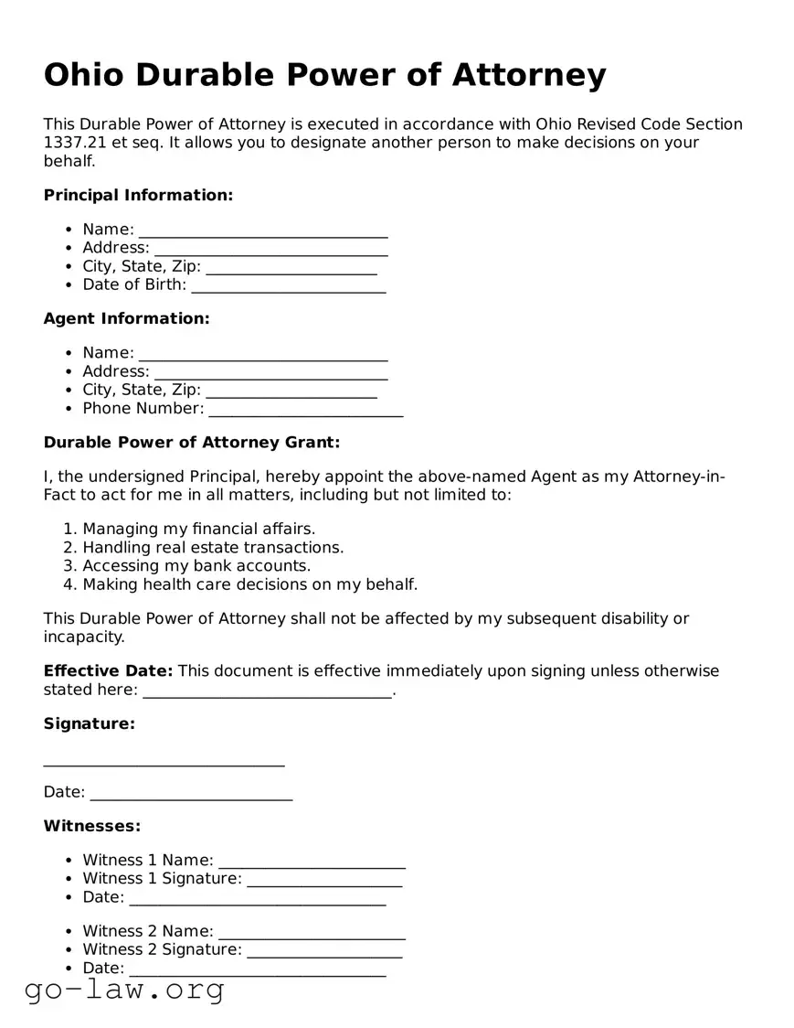 Fillable Ohio Durable Power of Attorney Form