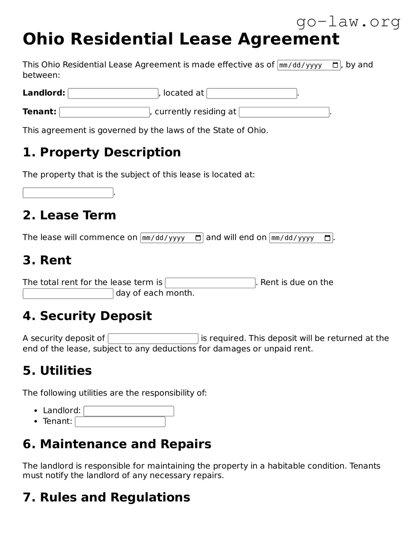 Fillable Ohio Residential Lease Agreement Form