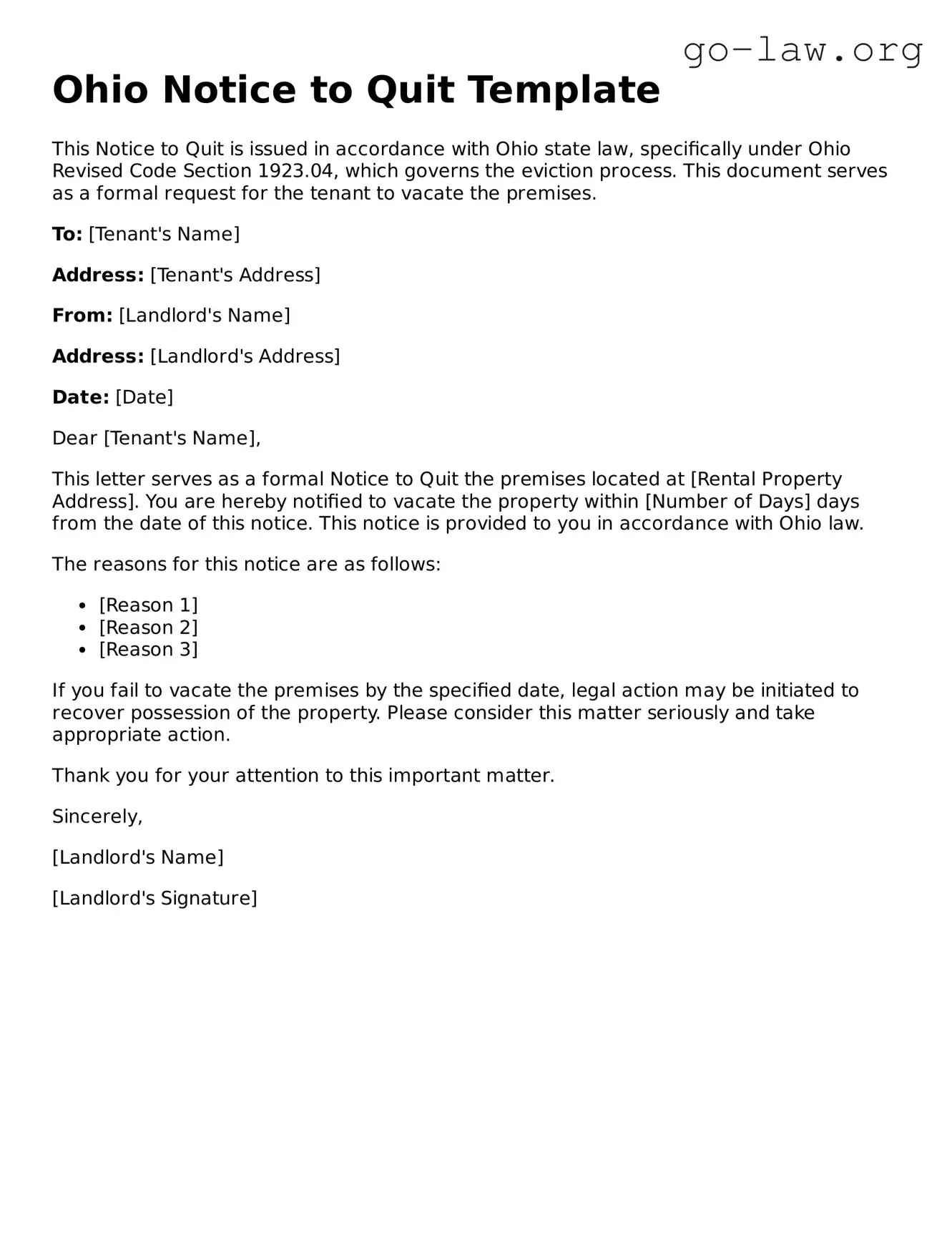 Fillable Ohio Notice to Quit Form