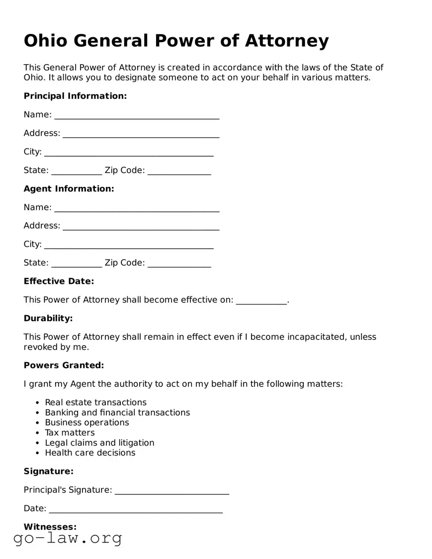Fillable Ohio General Power of Attorney Form