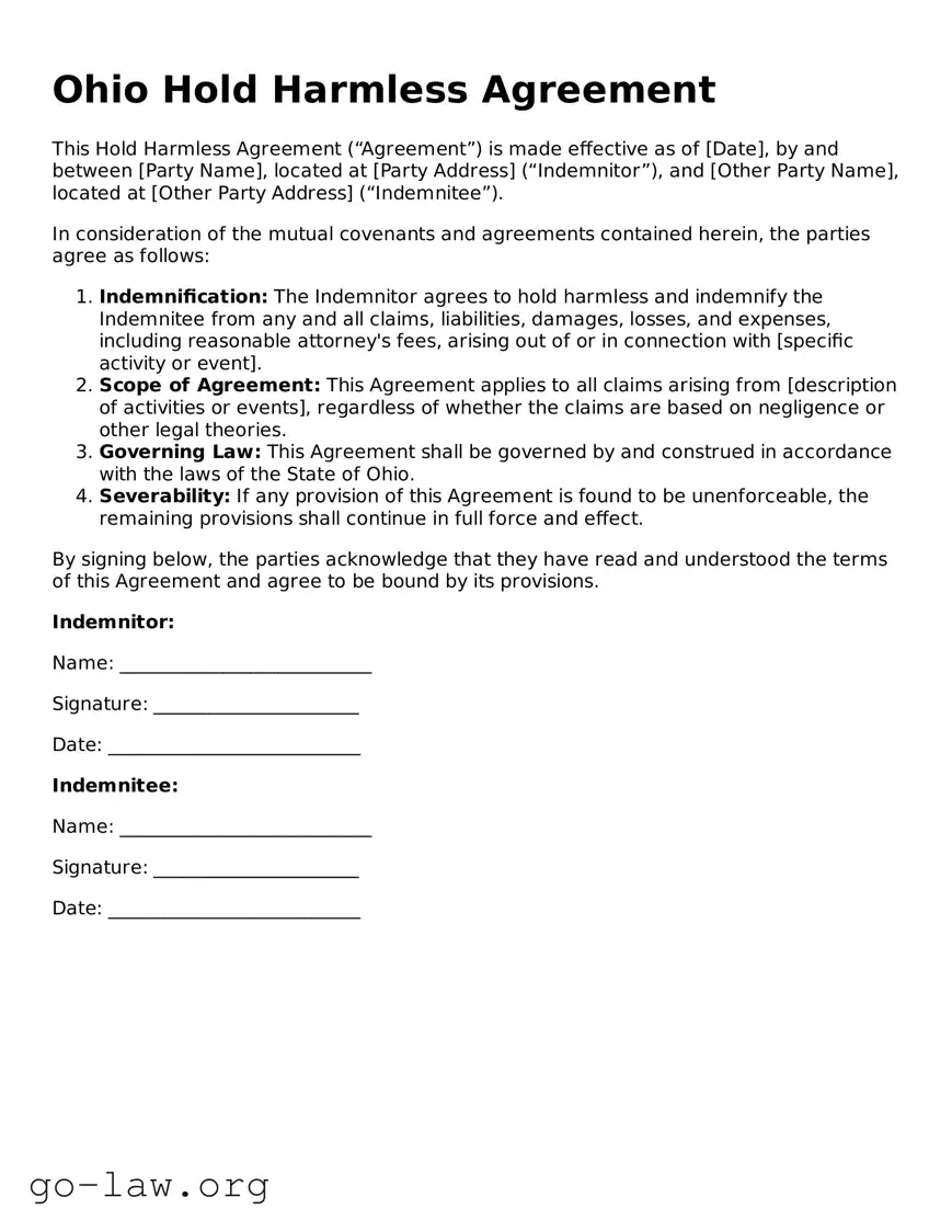 Fillable Ohio Hold Harmless Agreement Form