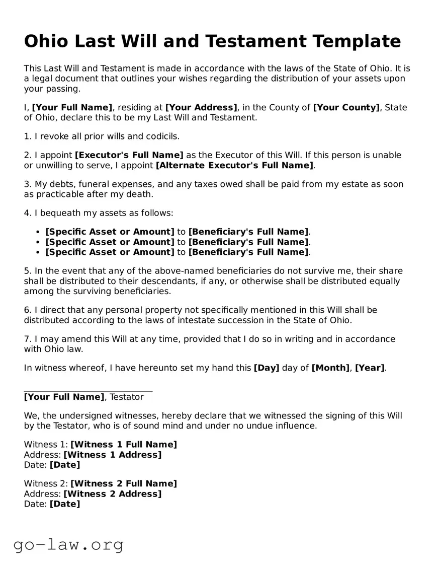 Fillable Ohio Last Will and Testament Form