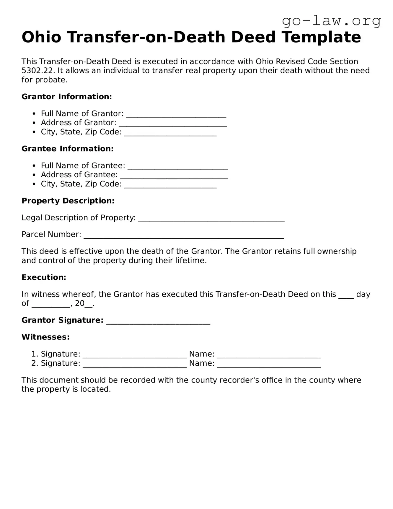 Fillable Ohio Transfer-on-Death Deed Form